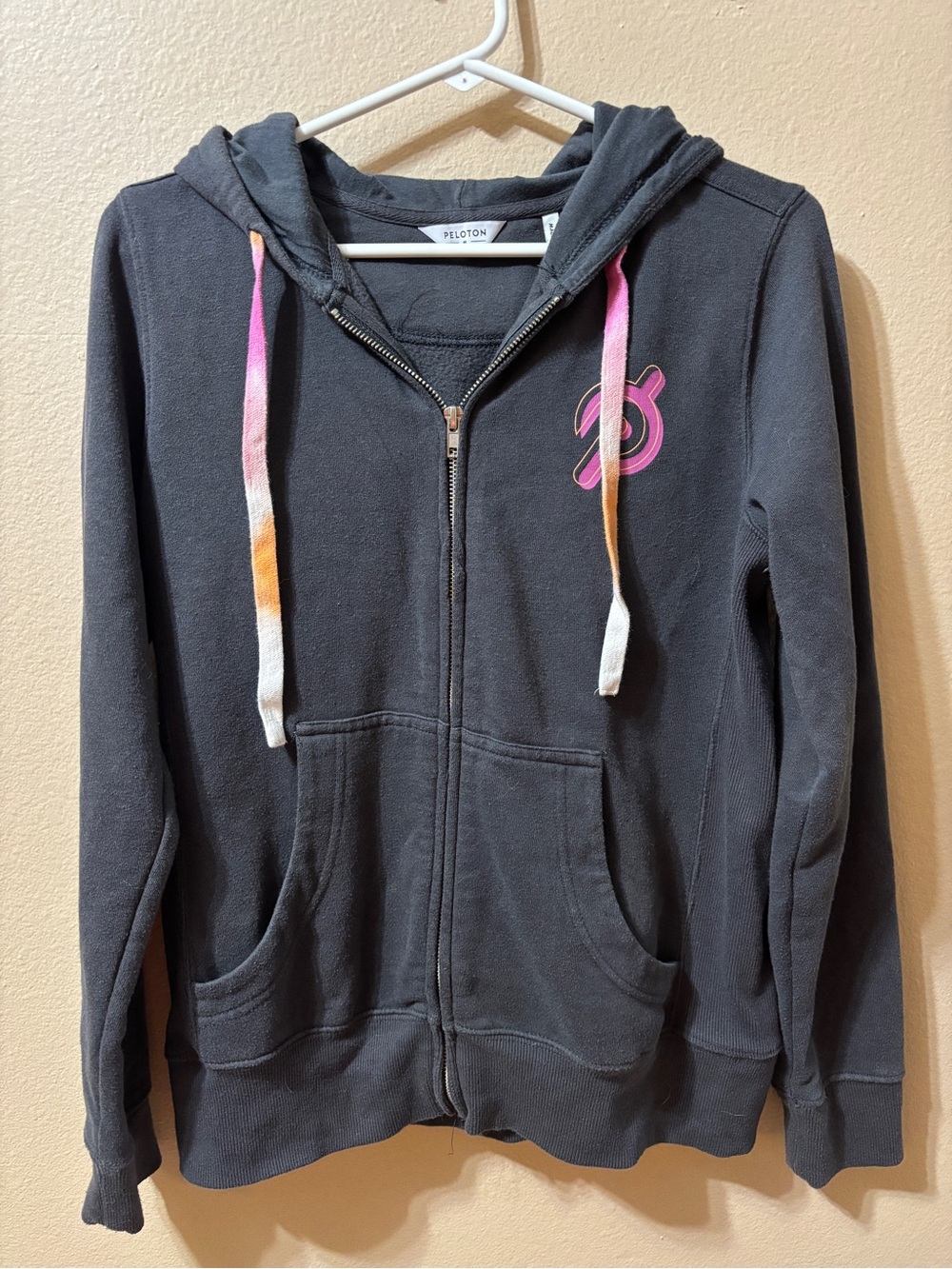 PELOTON Womens Medium Hoodie Sweatshirt Dark Gray Full Zip Graphic Print